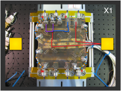 Flight optical bench with beams of the X1 interferometer overlaid.