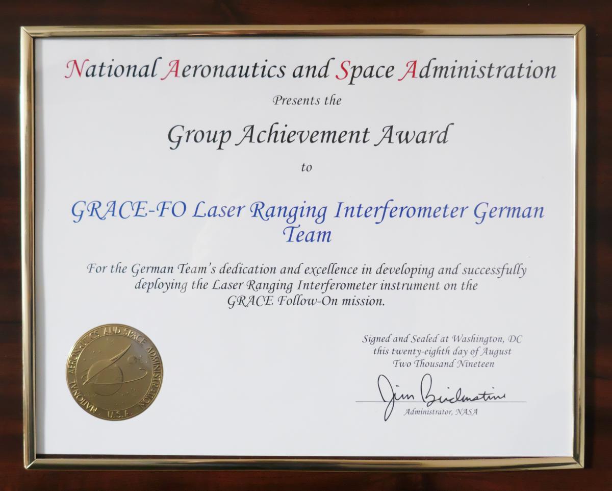 The NASA Group Achievement Awards for the German LRI team.