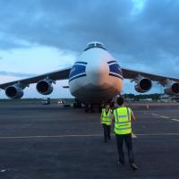 The An-124 carrying LPF arrives at Kourou
